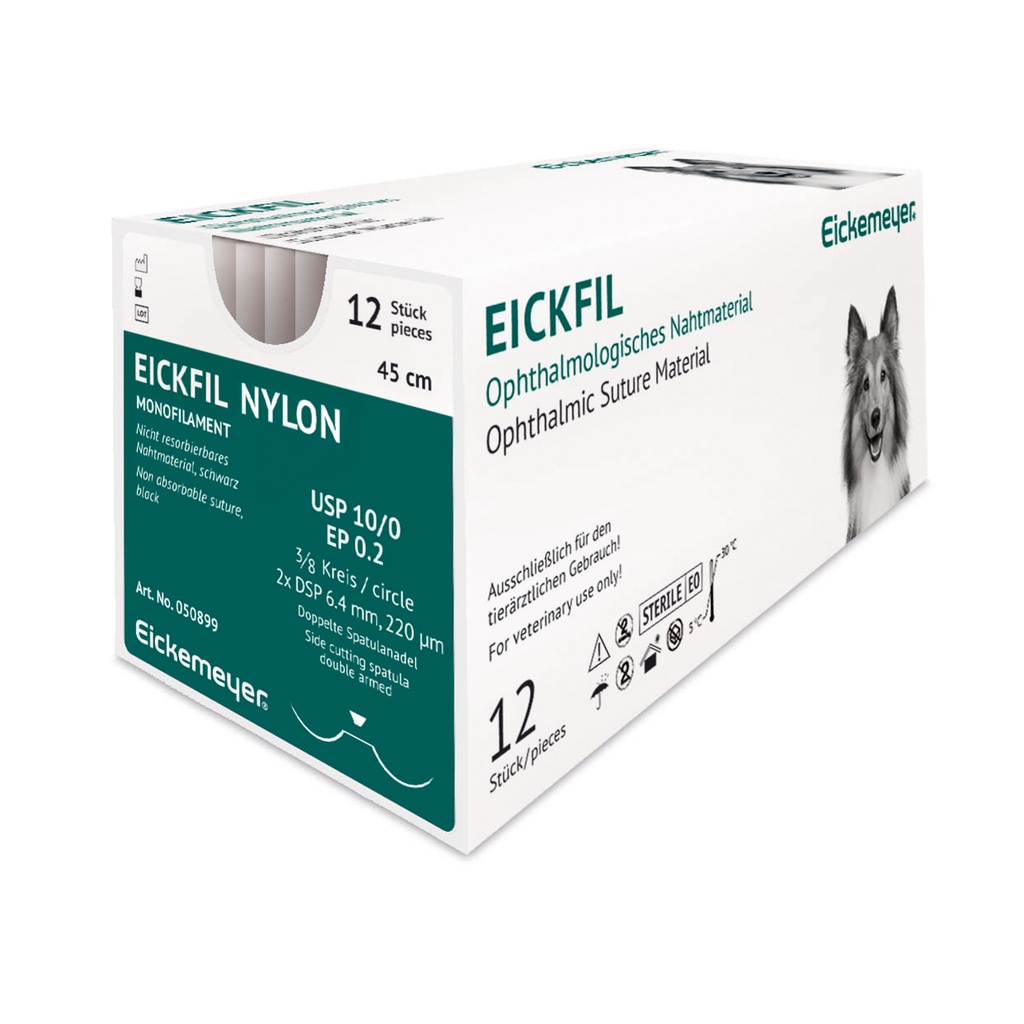 EickFil Nylon,USP 10/0, EP 0.2,3/8 circ.2xDSP 6,4mm 220µ, espátula de cortedoble, negro, 45 cm, 12 / caja