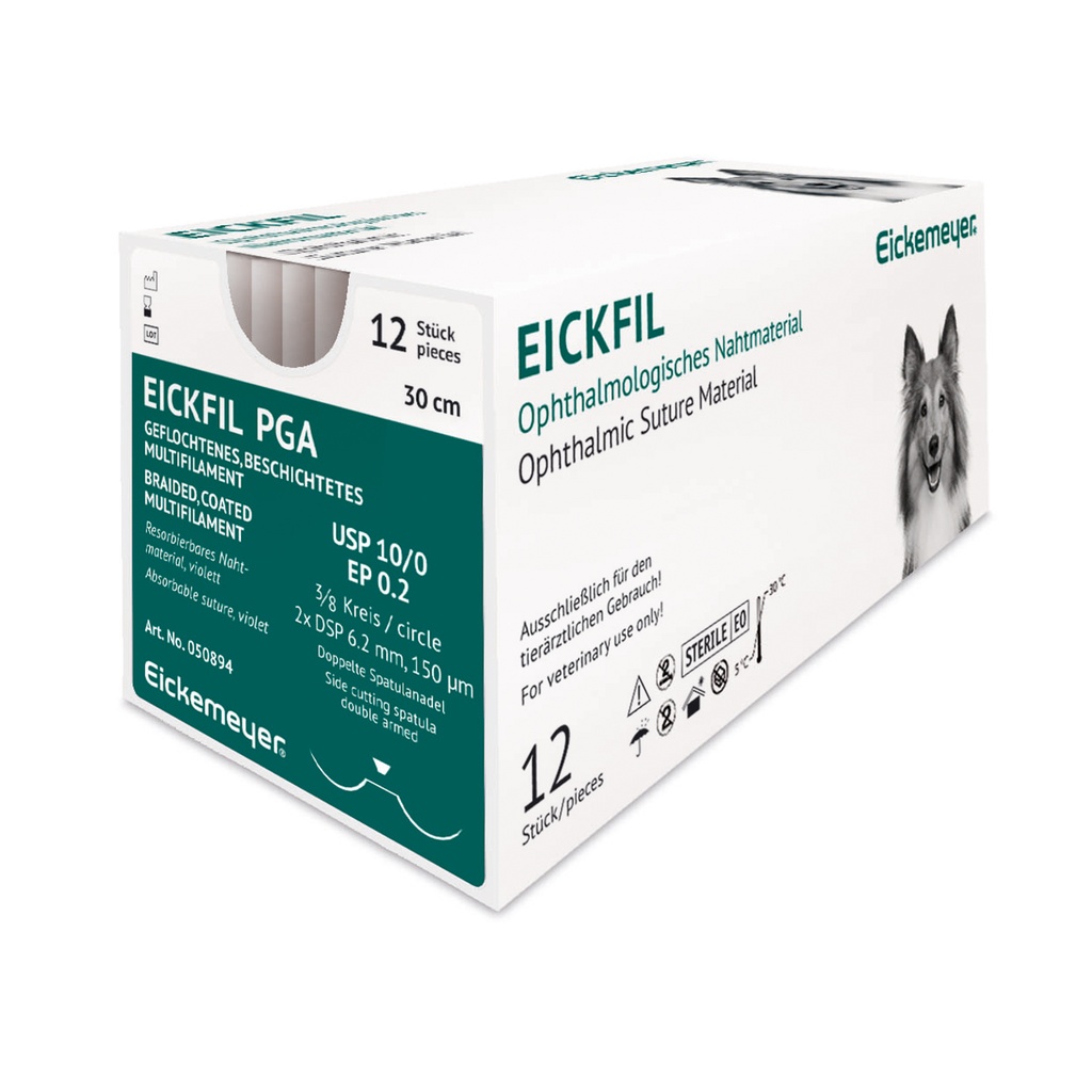 EickFil PGA, USP 10/0, EP 0.2, 3/8 círc.2 x DSP 6,2 mm 150µm, espátula de cortelaterial doble armado, 30 cm, 12 / caja