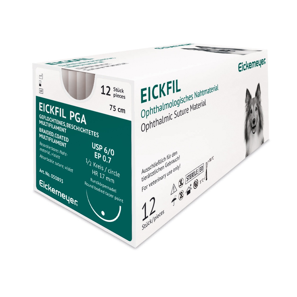 EickFil PGA, USP 6/0, EP 0.7, 1/2 círc.HR 17 mm, punta cónica de cuerpo redondovioleta, 75 cm, 12 / caja