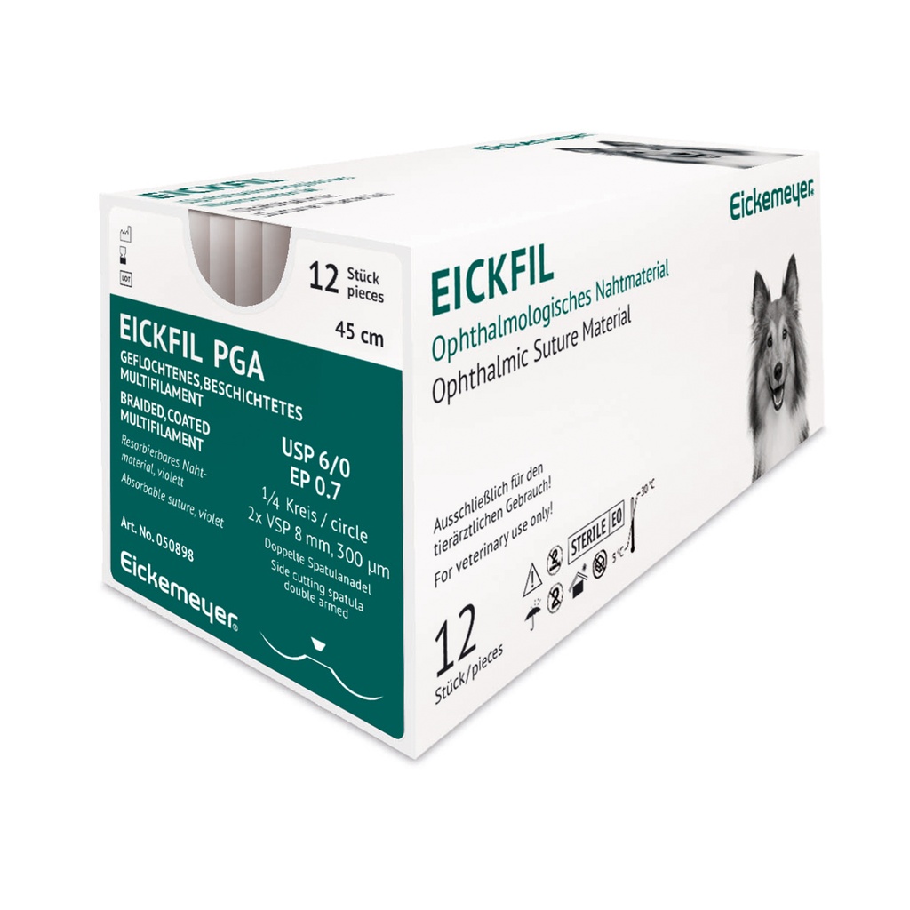 EickFil PGA, USP 6/0, EP 0.7, 1/4 circ.2 x VSP 8mm 300µm, espátula de cortedoble, violeta, 45 cm, 12 / caja