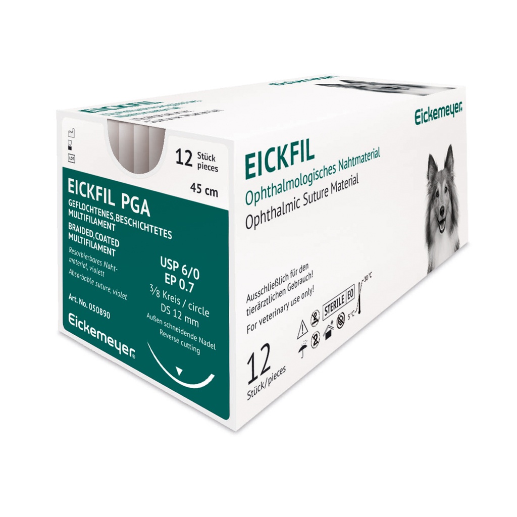 EickFil PGA, USP 6/0, EP 0.7, 3/8 circ.DS 12 mm, corte lateral, violeta45 cm, 12 / caja
