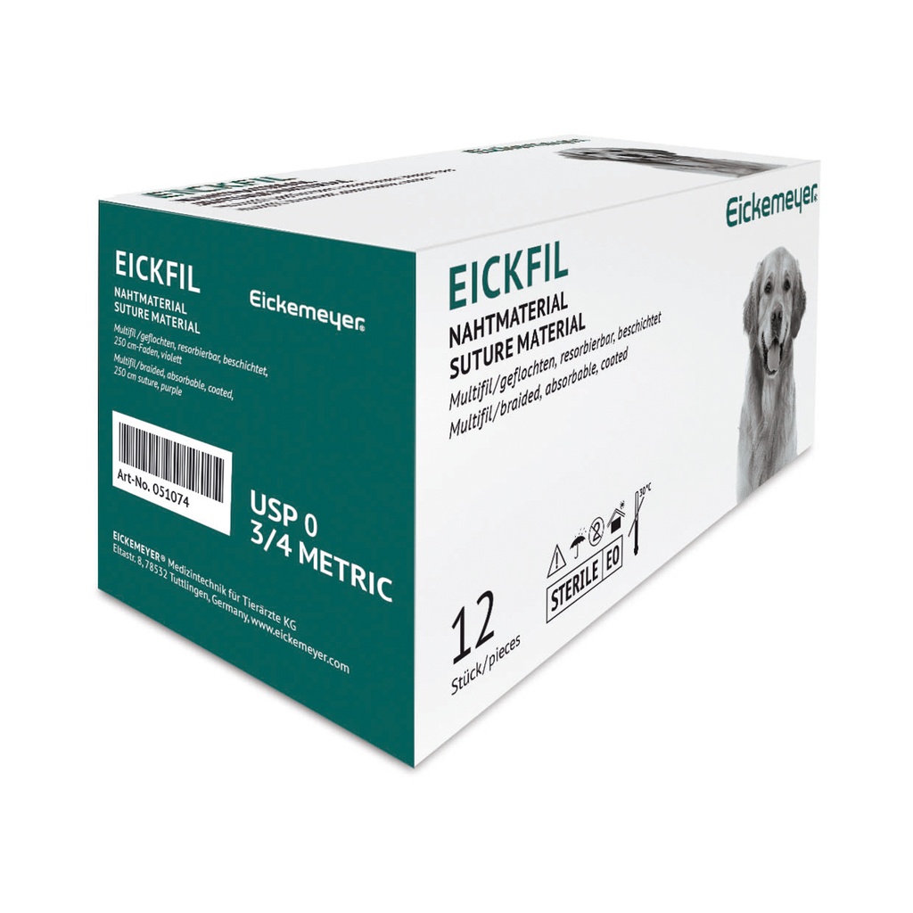 Hilo especial EICKFIL, USP 0, 3/4 métrico (poliglactina), longitud 2,5 m violeta, paquete de 12 unidades