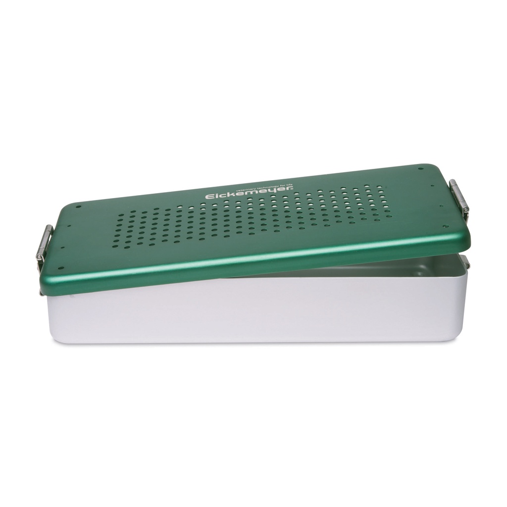 Caja instrumental con tapa y botonperforada, 300 x 140 x 70 mmaluminio, tapa verde
