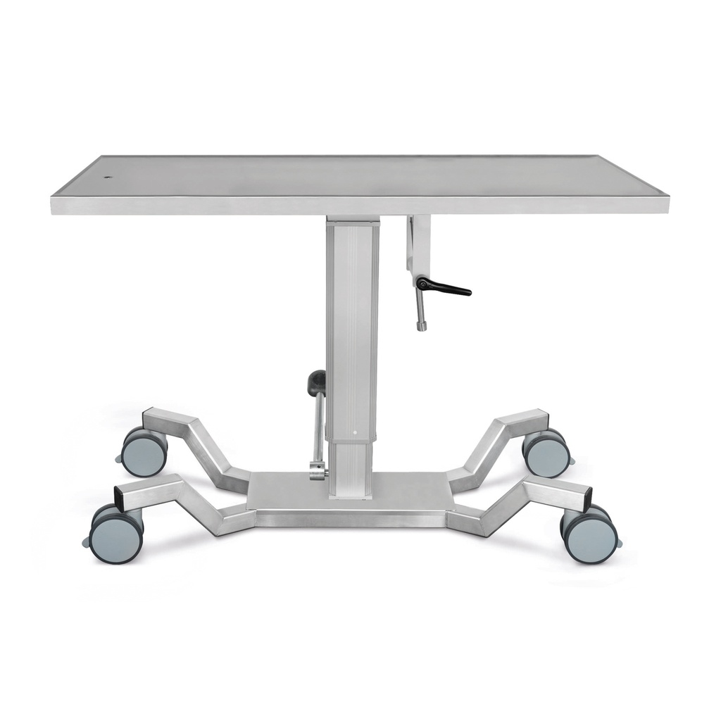 Mesa de operaciones y tratamiento móvil con columna elevadora hidráulica con bomba, 50 x 130 cm, placa CNS con dispositivo basculante y base en X con 4 rodillos dobles