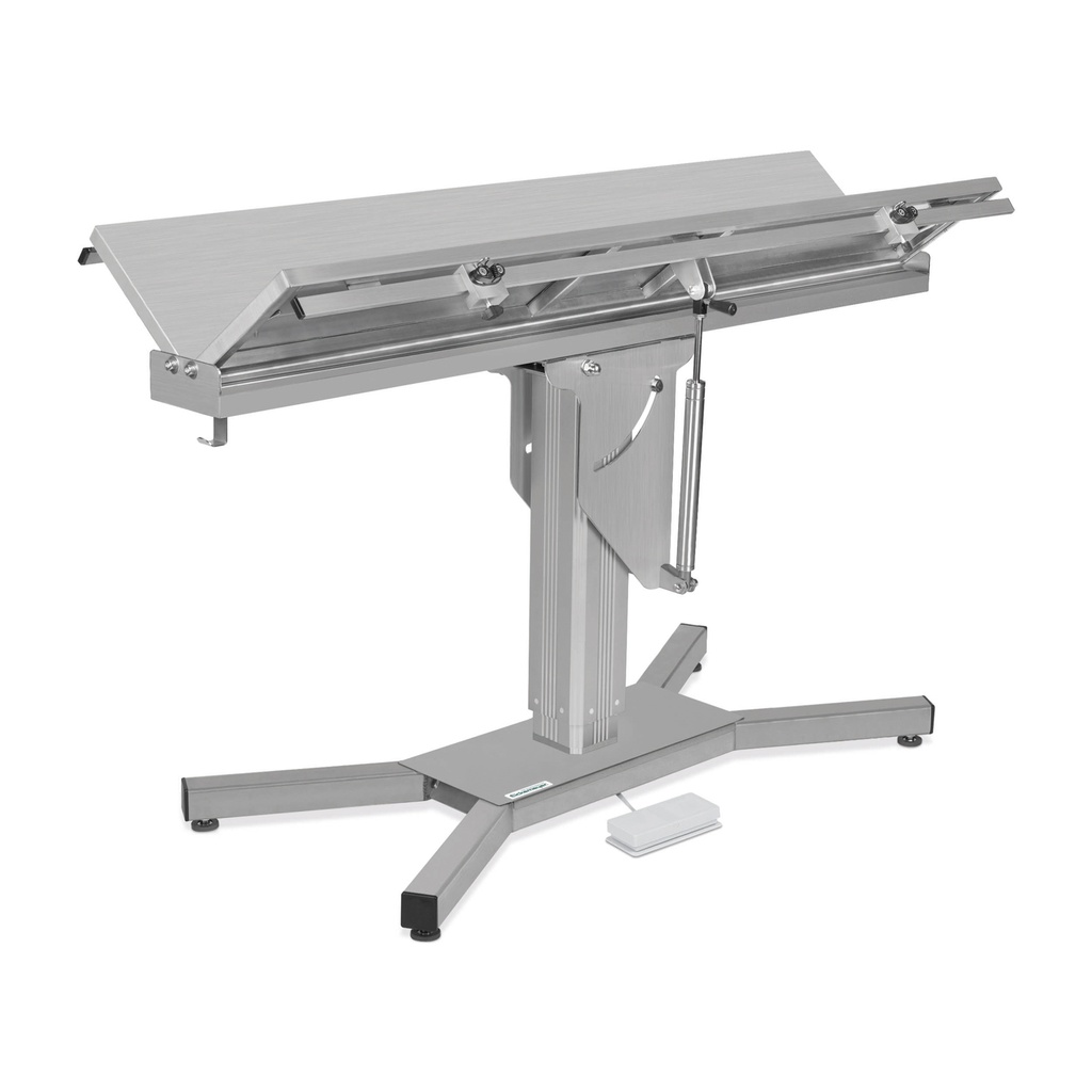 Table d'opération et de traitement avec plateau en V, 140 x 50 cm, dispositif d'inclinaison et base en X électrique