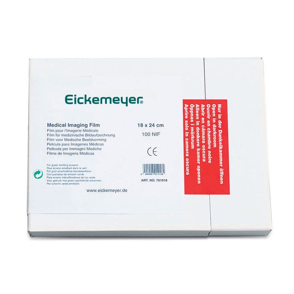 Pelicula p. imágenes medicas Eickemeyercon pantallas de emisión verde,18 x 24 cm, 100 pzas.