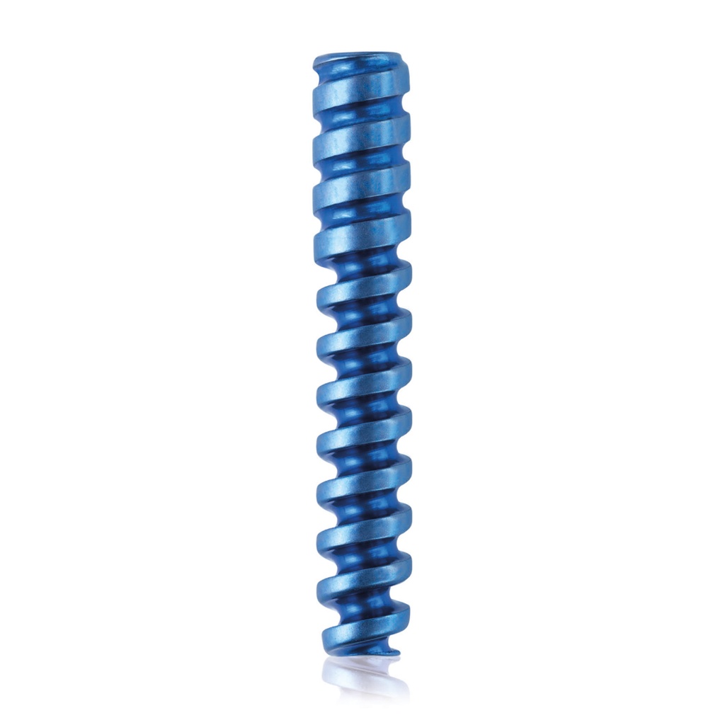 Tornillo interferencial de titanio, Ø3,0 x L19 mm, canulado, Ø canulación 1,1 mm, azul, HEX 2,0