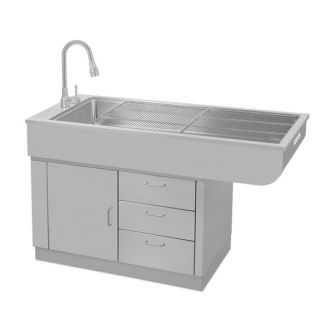 EICKEMEYER table de lavage et de soins dentaires entièrement en acier inoxydable, L=1400 x l=600 x H=880 mm, profondeur du lavabo : 5 cm, espace pour les genoux 70 cm, douchette (extractible) et grille divisible, 3 tiroirs et un porte