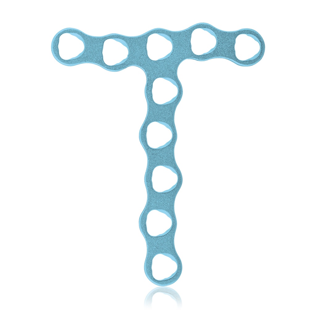 Micro plaque osseuse EickLoxx, système 1,0 mm, bleu clair, plaque en T 10 trous, dimensions en mm : 23,5 x 19,5 x 3,5 x 1,0