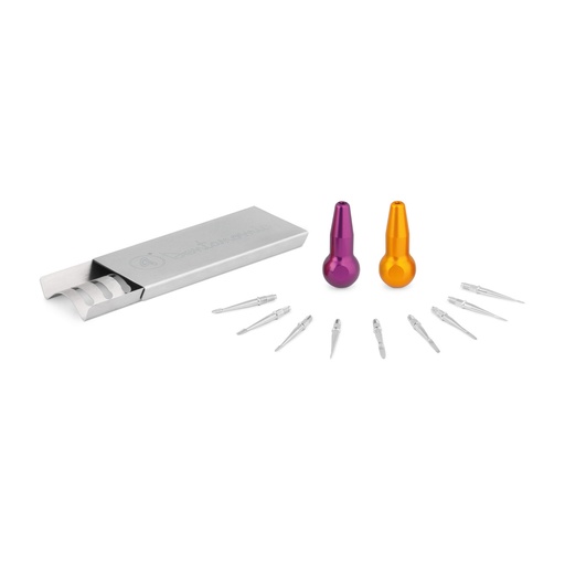 [175051] DENTANOMIC kit - bronce, compuesto por 2 mangos largos (violeta y naranja) + juego de palas elevadoras y luxadoras (9 piezas) + estante de almacenamiento