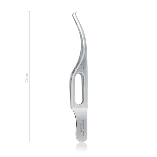 [172000] Pinza de iris/sutura BARRAQUER (Colibri), 0,4 mm, L 7,5 cm, 1 x 2 dientes, 45°, con plataforma
