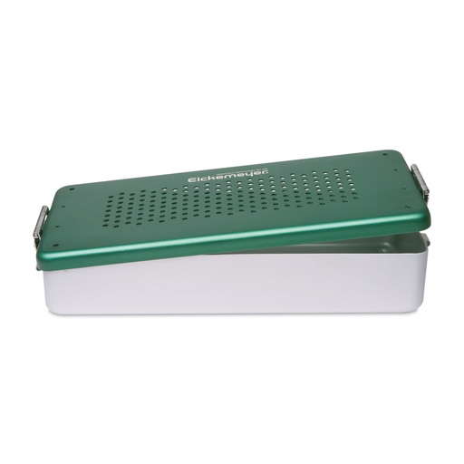 [517050] Caja instrumental con tapa y botonperforada, 300 x 140 x 70 mmaluminio, tapa verde