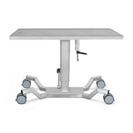 [601430] Table d'opération et de traitement mobile avec colonne élévatrice pompe-hydraulique, 60 x 130 cm, plateau CNS avec dispositif de basculement et structure en X avec 4 rouleaux doubles