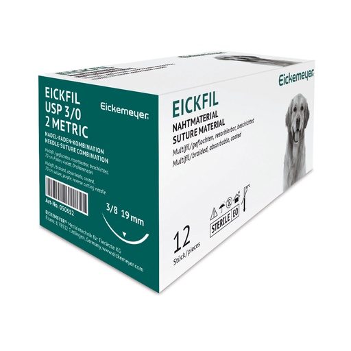 [050652] Material de sutura EICKFIL, 19 mm, 3/0 (2) 70 cm, sintético, aguja triangular, absorbible, 3/8 de círculo, paquete de 12 unidades