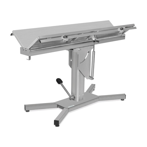 [602070] Table d'opération et de traitement avec plateau en V, 140 x 50 cm, dispositif d'inclinaison et base en X hydraulique à 80 degrés